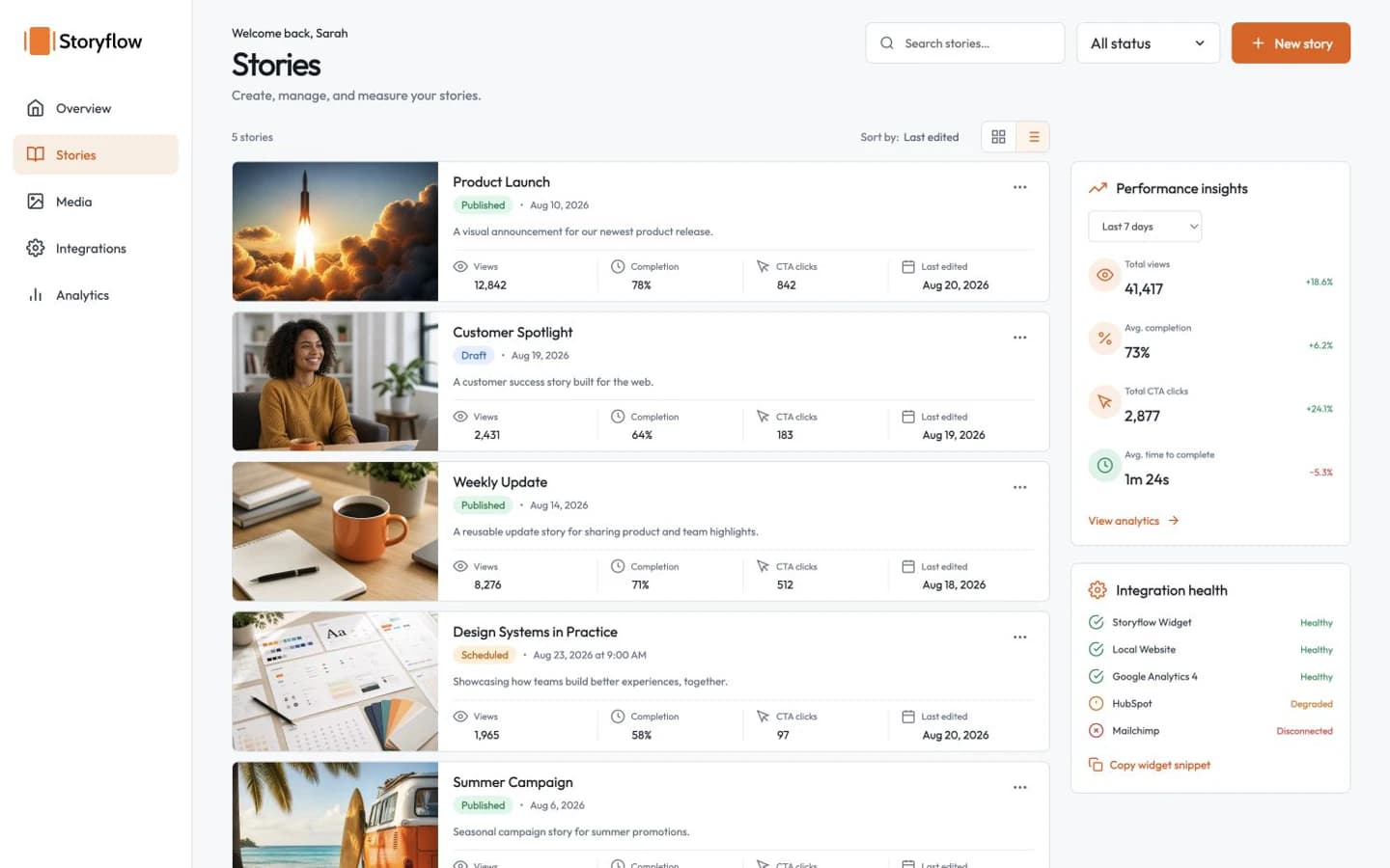 Storyflow modern creator workspace with visual story rows, publishing status, performance insights, and integration health
